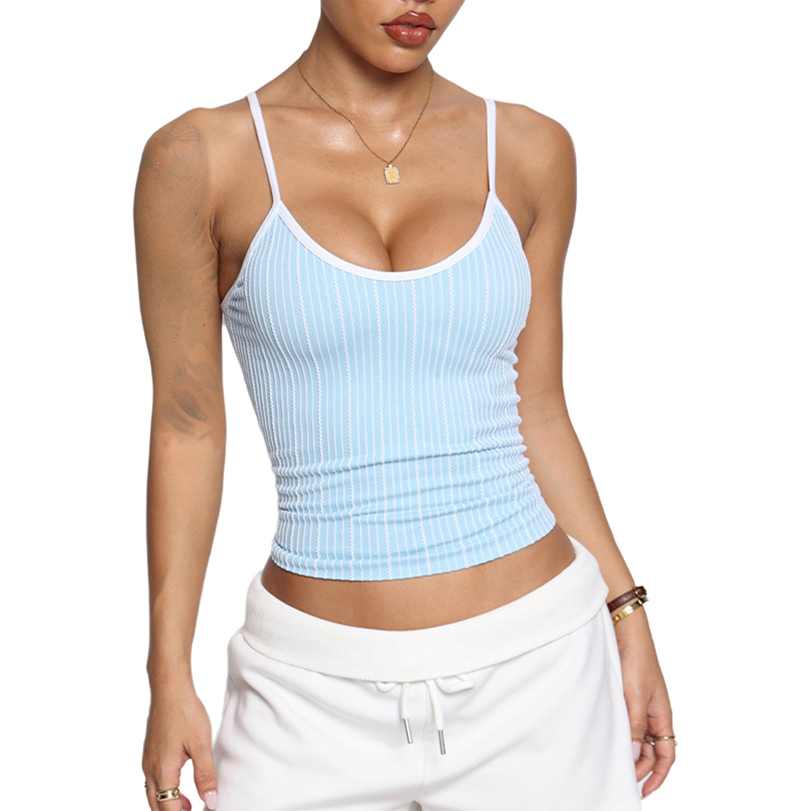 Yoga Fitness Exercises - Women U Neck Striped Adjustable Spaghetti